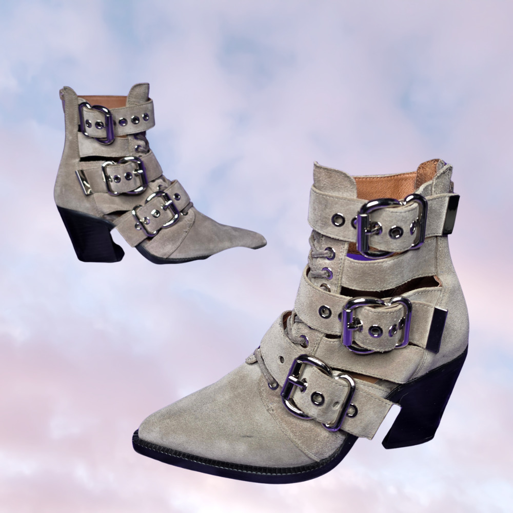 Jeffrey Campbell Caceres Gray Taupe Pointy Closed Toe Buckle Boho Goth Heel 6.5 - Picture 2 of 8